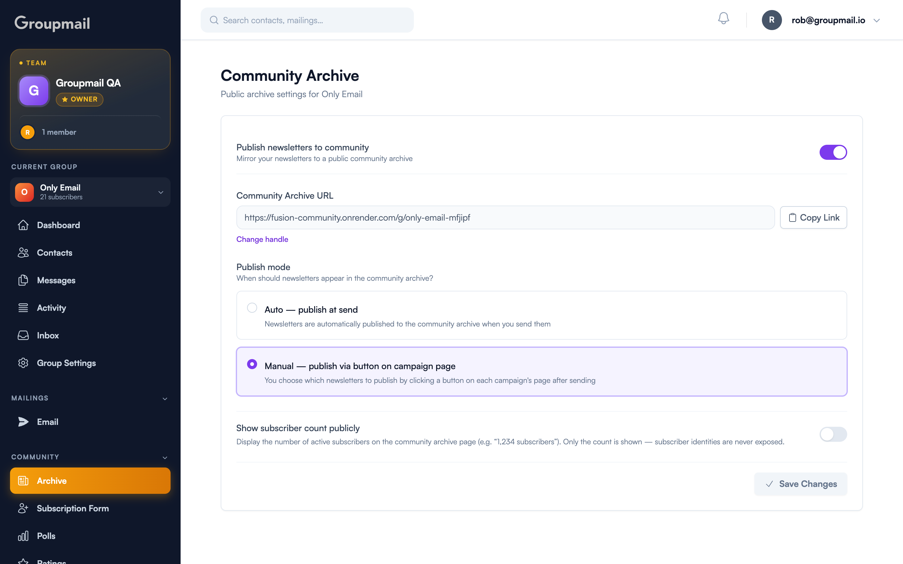 Fig. 1 — Community Archive settings: publishing, URL, publish mode, and subscriber count