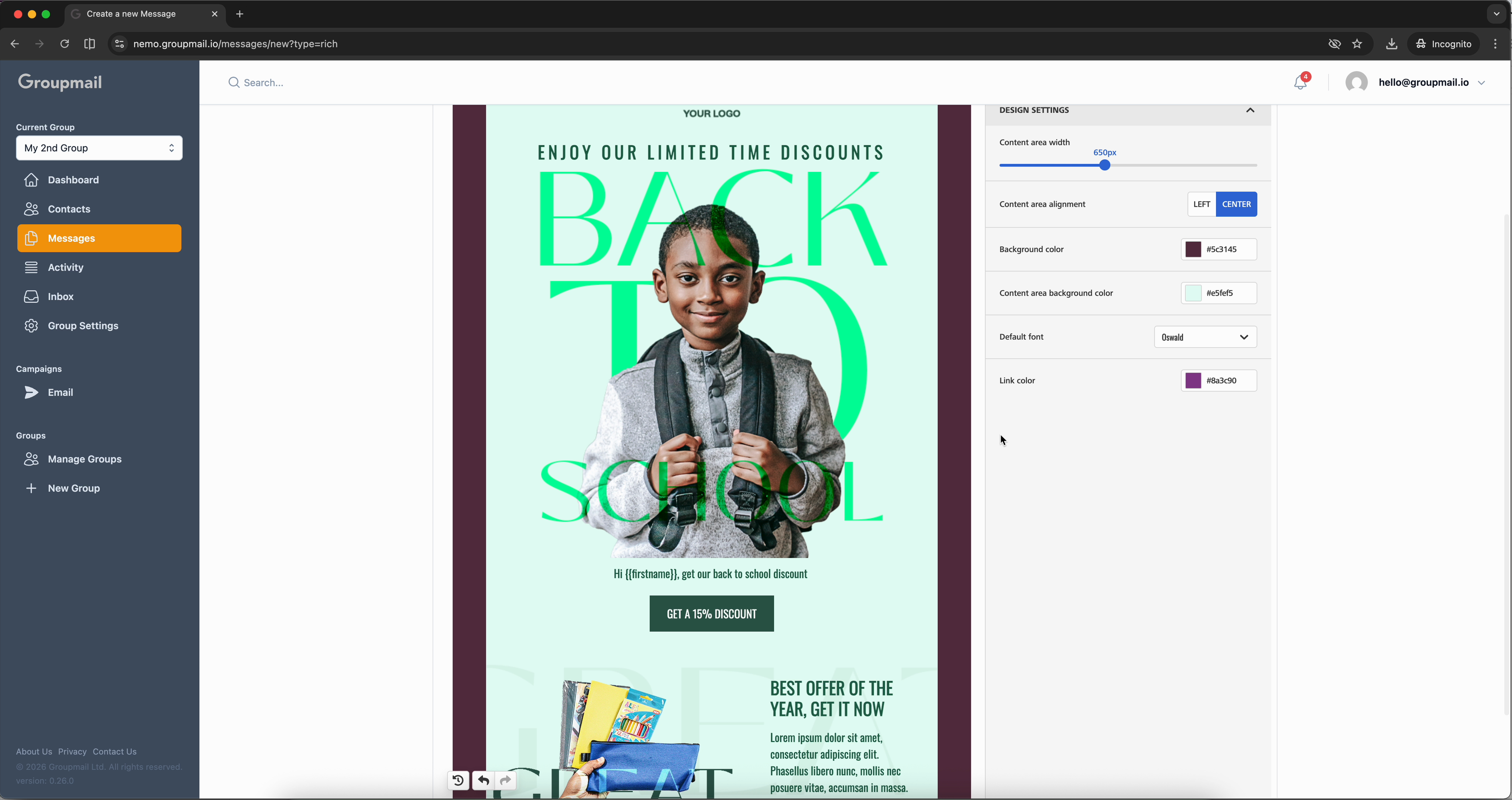 Fig. 6 — The Settings tab with design options for width, colours, and fonts