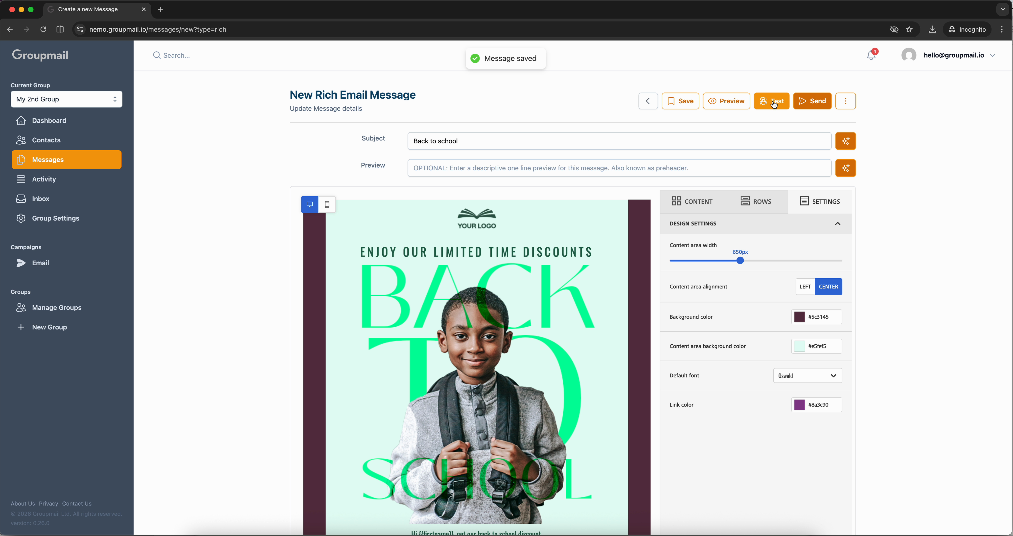 Fig. 7 — Newsletter saved with the "Message saved" confirmation