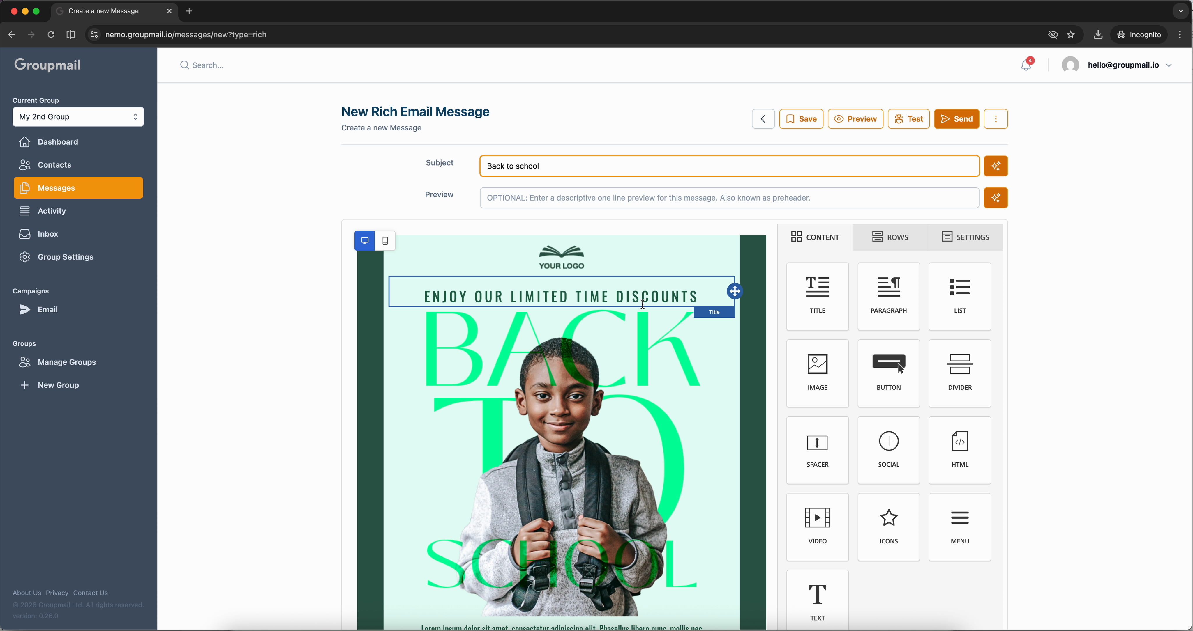Fig. 3 — The drag-and-drop editor with content blocks on the right