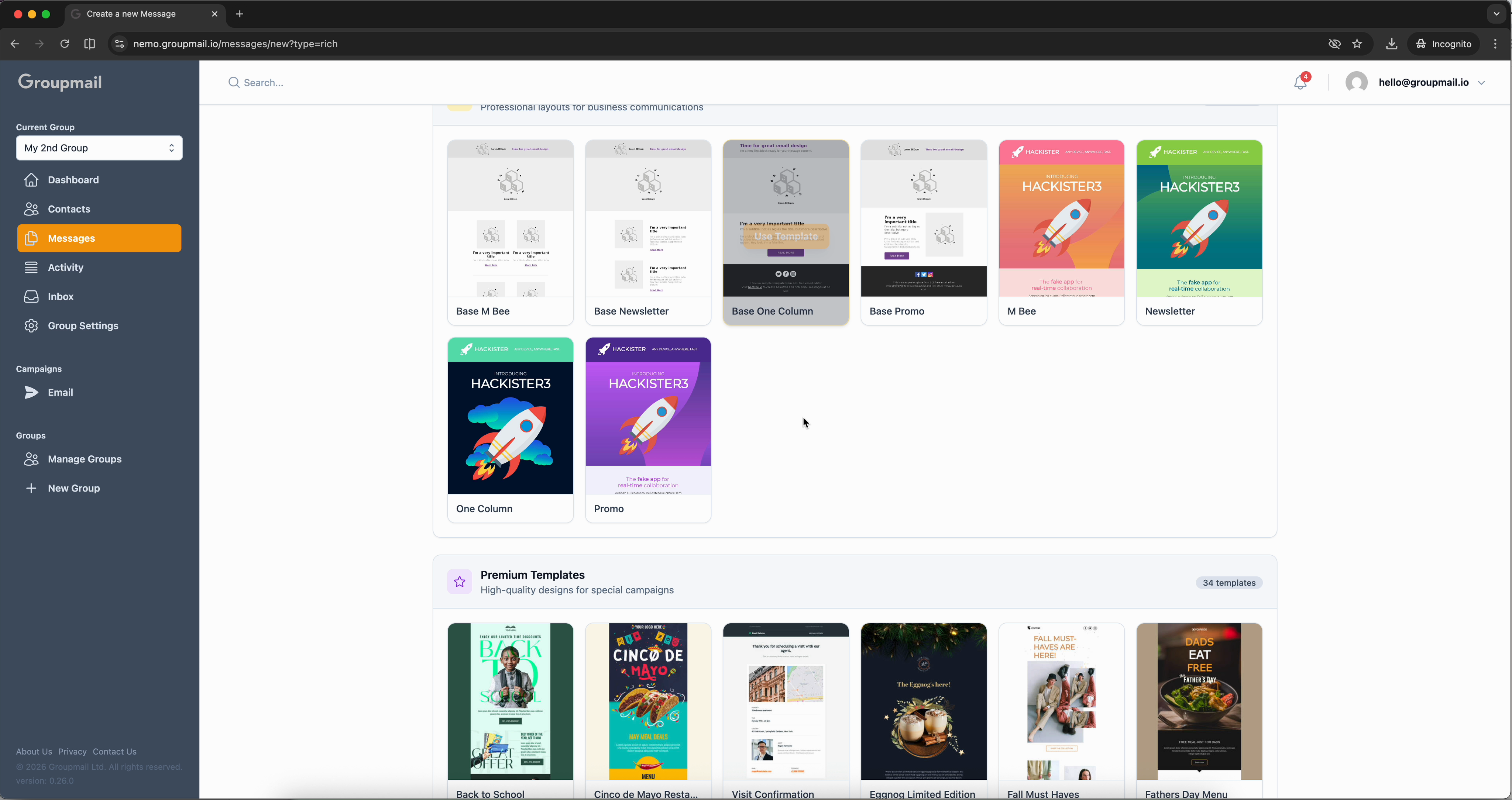 Fig. 2 — The template gallery showing base and premium templates