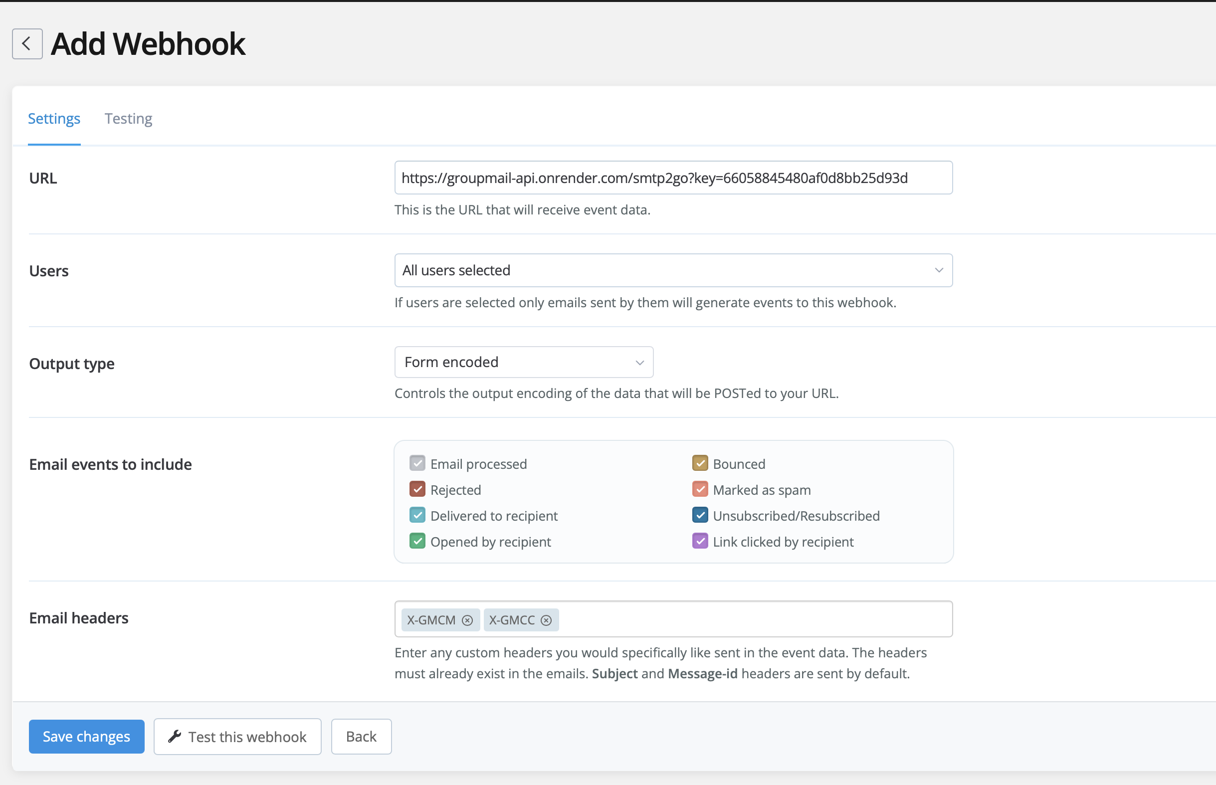 Fig. 9 — Webhook configuration in SMTP2GO