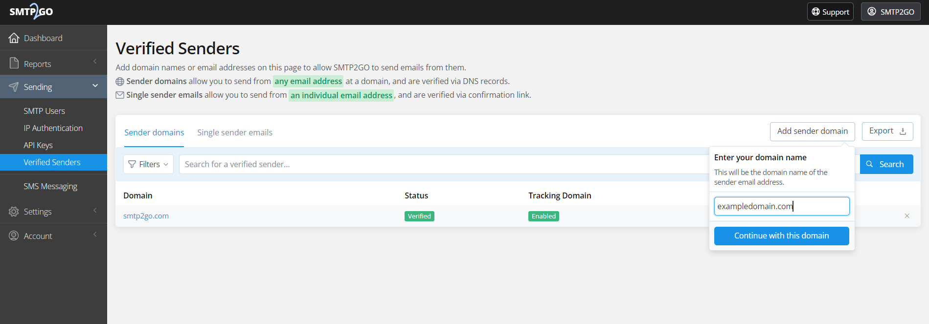 Fig. 4 — Verified Senders in SMTP2GO