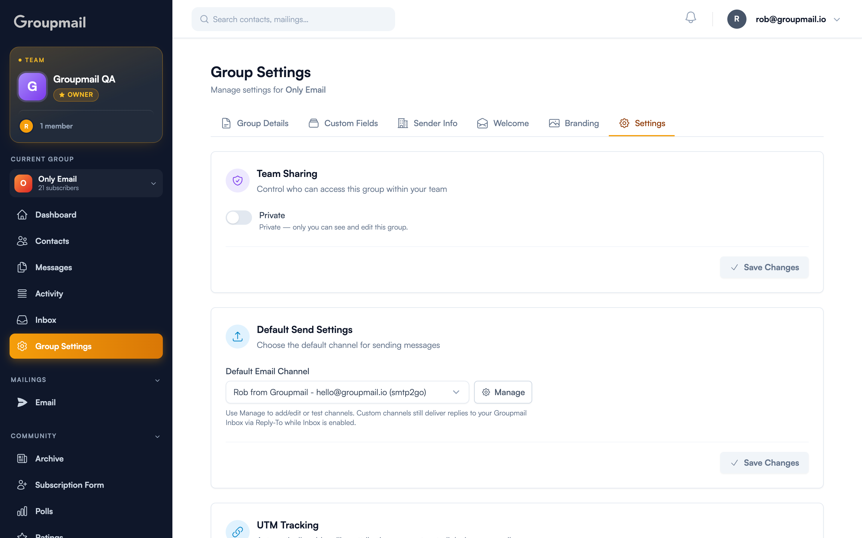 Fig. 2 — Group Settings → Settings tab, Team Sharing card with the Private toggle