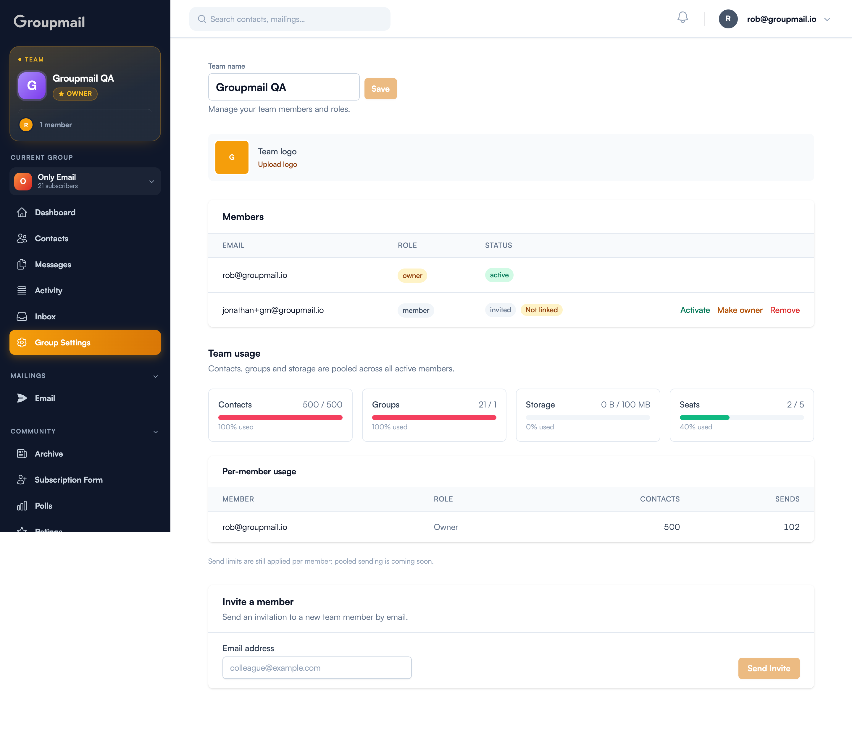 Fig. 1 — The Team page: members, pooled usage, and the invite form
